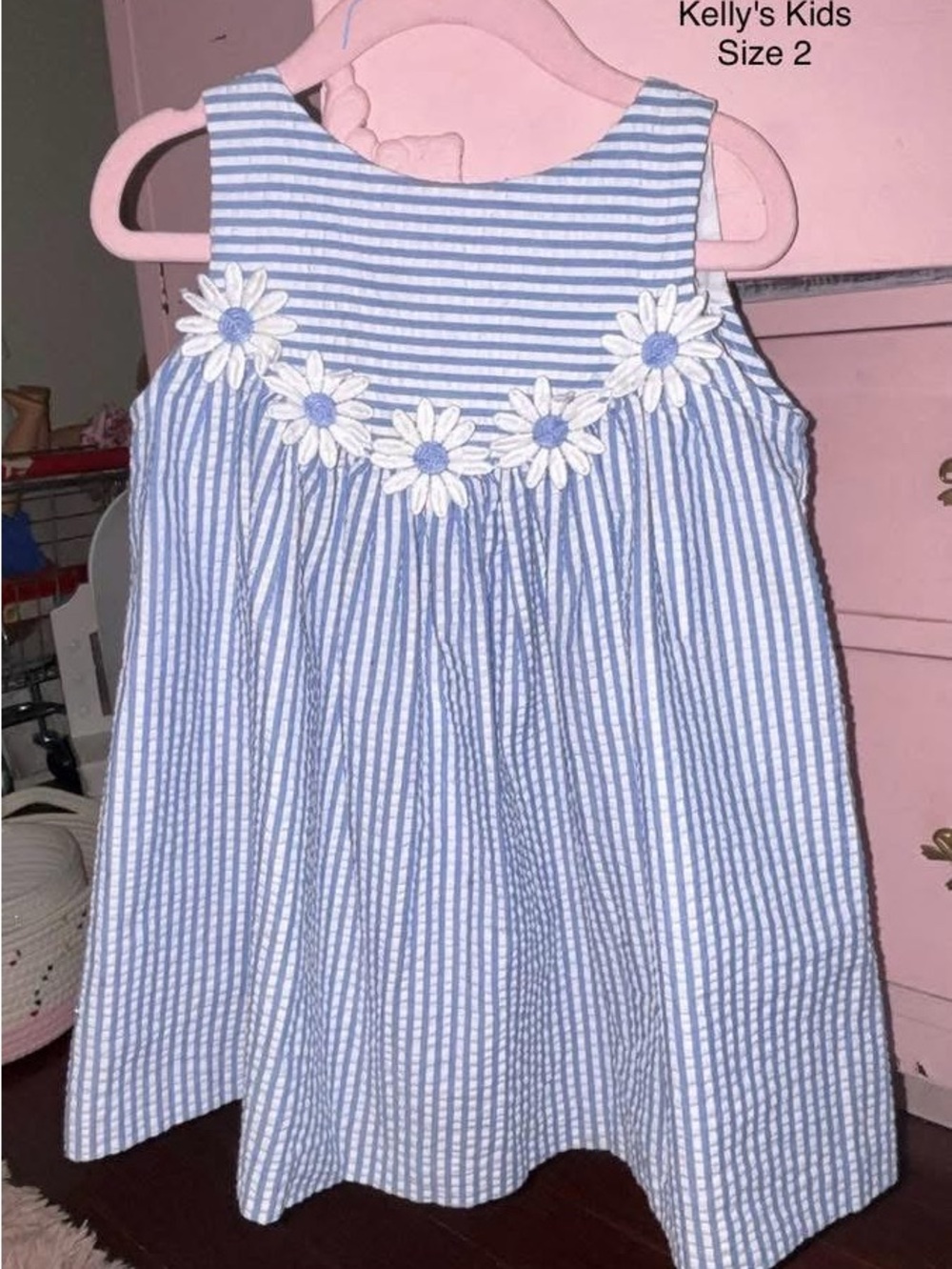 Kelly's Kids Blue and White Striped Daisy Appliqué Dress